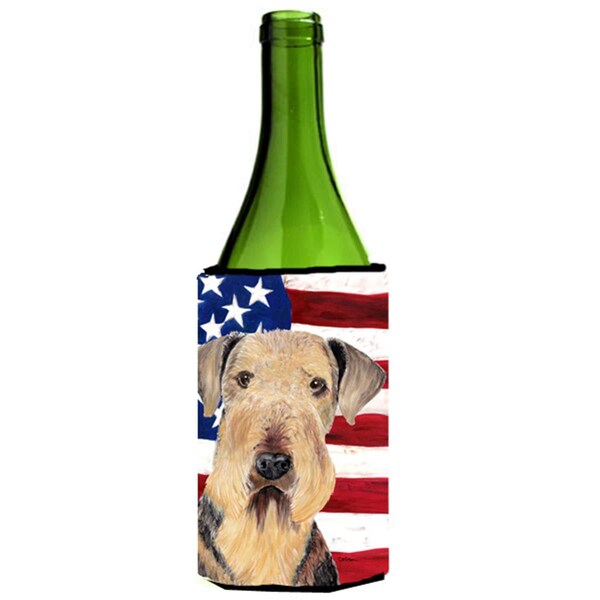 Carolines Treasures Usa American Flag With Airedale Wine bottle sleeve Hugger - 24 oz. - SC9007LITERK