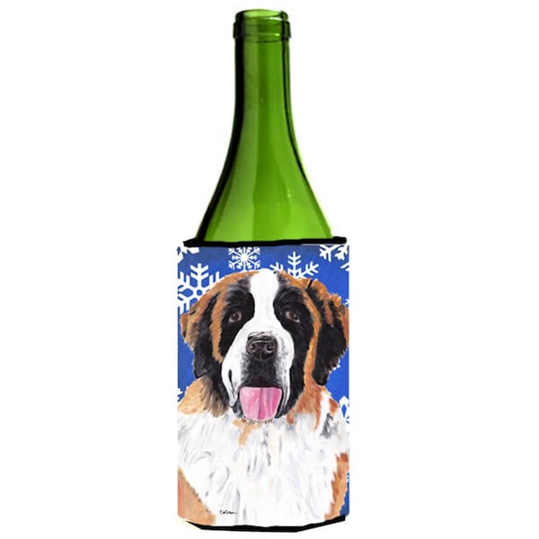Carolines Treasures Saint Bernard Winter Snowflakes Holiday Wine bottle sleeve Hugger - 24 oz. - SC9382LITERK