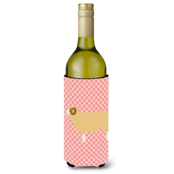 Carolines Treasures Horned Dorset Sheep Pink Check Wine Bottle Beverge Insulator Hugger - BB7980LITERK