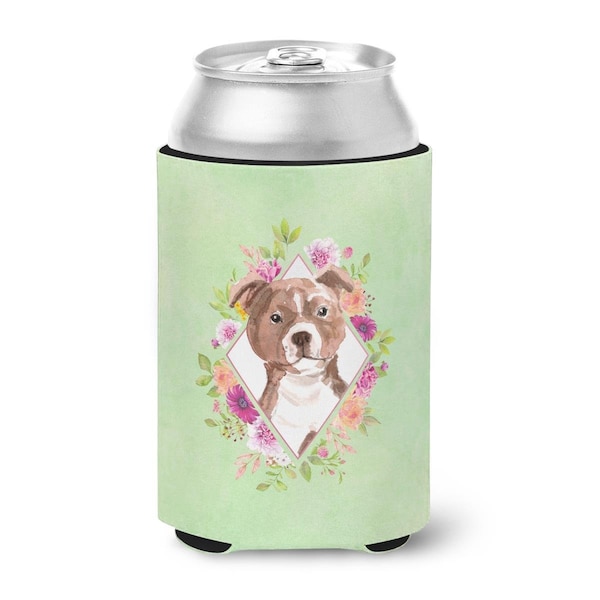 Carolines Treasures Staffie Bull Terrier Green Flowers Can or Bottle Hugger - CK4368CC