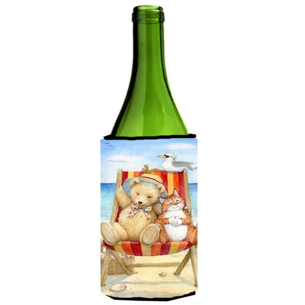 Carolines Treasures Summer Teddy Bear & Cat on Beach Wine Bottle Can cooler Hugger - CDCO0336LITERK