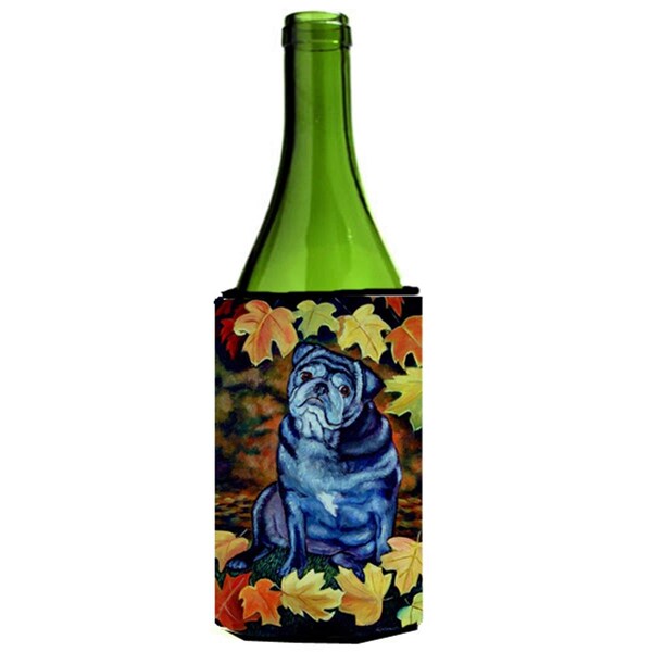 Carolines Treasures Old Black Pug In Fall Leaves Wine bottle sleeve Hugger - 24 oz. - 7159LITERK