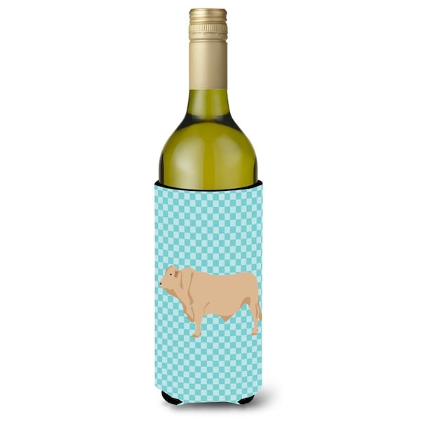Carolines Treasures Charolais Cow Blue Check Wine Bottle Beverge Insulator Hugger - BB8000LITERK