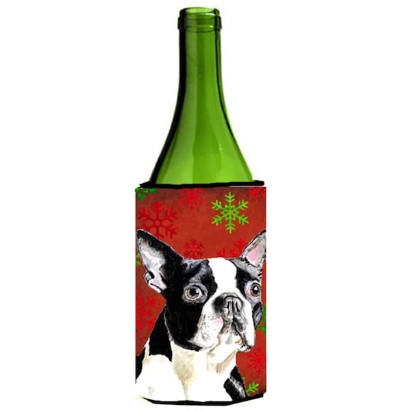 Carolines Treasures Boston Terrier Red Green Snowflakes Christmas Wine bottle sleeve Hugger - SC9400LITERK