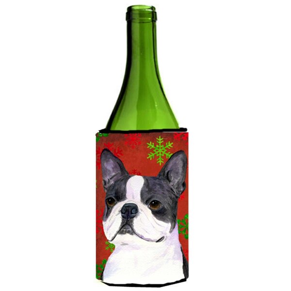 Carolines Treasures Boston Terrier Red Green Snowflakes Christmas Wine bottle sleeve Hugger - 24 oz. - SS4723LITERK