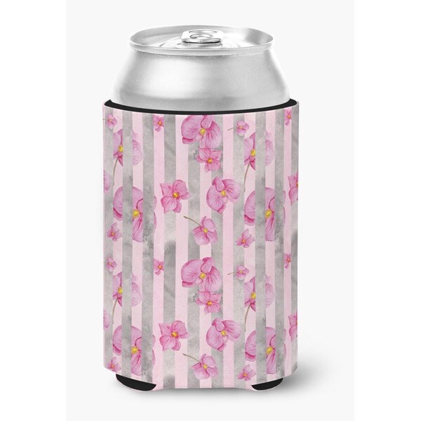 Carolines Treasures Watercolor Pink Flowers Grey Stripes Can or Bottle Hugger - BB7502CC