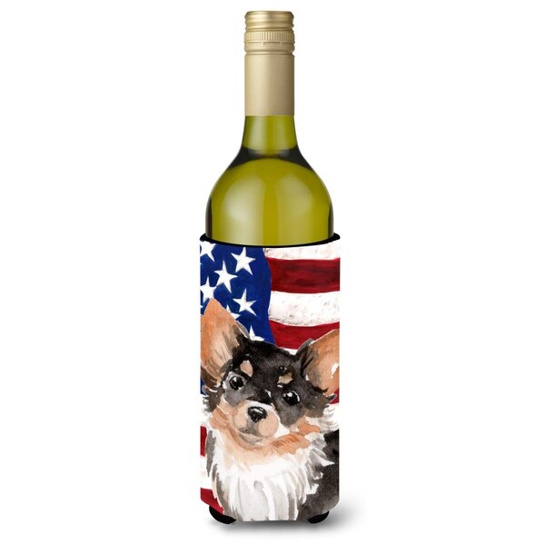 Carolines Treasures Long Haired Chihuahua Patriotic Wine Bottle Beverge Insulator Hugger - BB9389LITERK