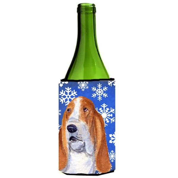 Carolines Treasures Basset Hound Winter Snowflakes Holiday Wine bottle sleeve Hugger - 24 oz. - SS4666LITERK