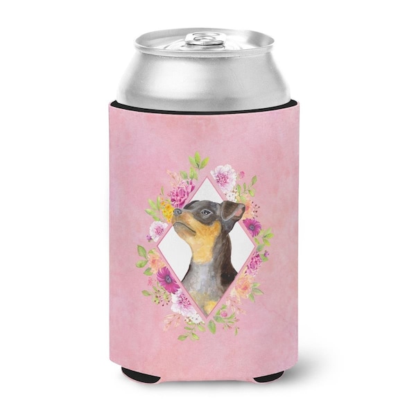 Carolines Treasures Black Miniature Pinscher Pink Flowers Can or Bottle Hugger - CK4196CC
