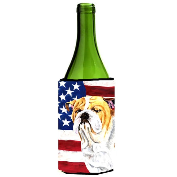 Carolines Treasures USA American Flag With Bulldog English Wine bottle sleeve Hugger - 24 oz. - SC9002LITERK