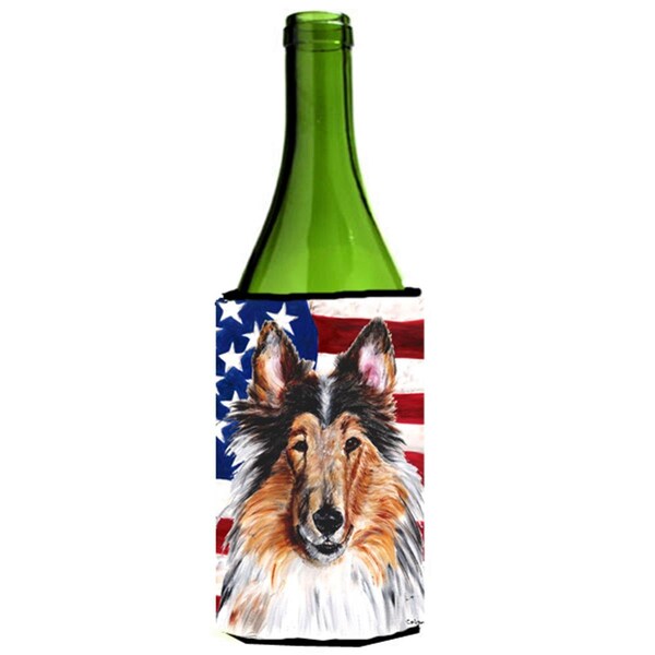 Carolines Treasures Collie With American Flag Usa Wine bottle sleeve Hugger  24 Oz. - SC9622LITERK