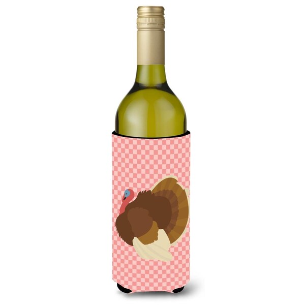 Carolines Treasures French Turkey Dindon Pink Check Wine Bottle Beverge Insulator Hugger - BB7990LITERK