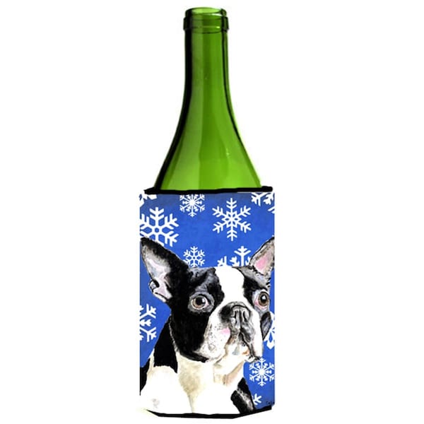 Carolines Treasures Boston Terrier Winter Snowflakes Holiday Wine bottle sleeve Hugger - 24 oz. - SC9360LITERK