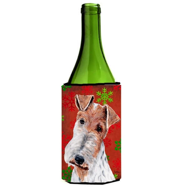 Carolines Treasures Wire Fox Terrier Red Snowflakes Holiday Wine bottle sleeve Hugger  24 Oz. - SC9748LITERK
