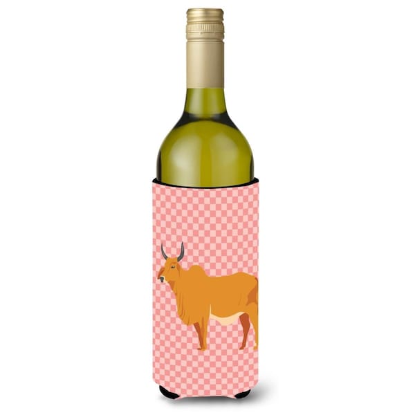 Carolines Treasures Zebu Indicine Cow Pink Check Wine Bottle Beverge Insulator Hugger - BB7825LITERK