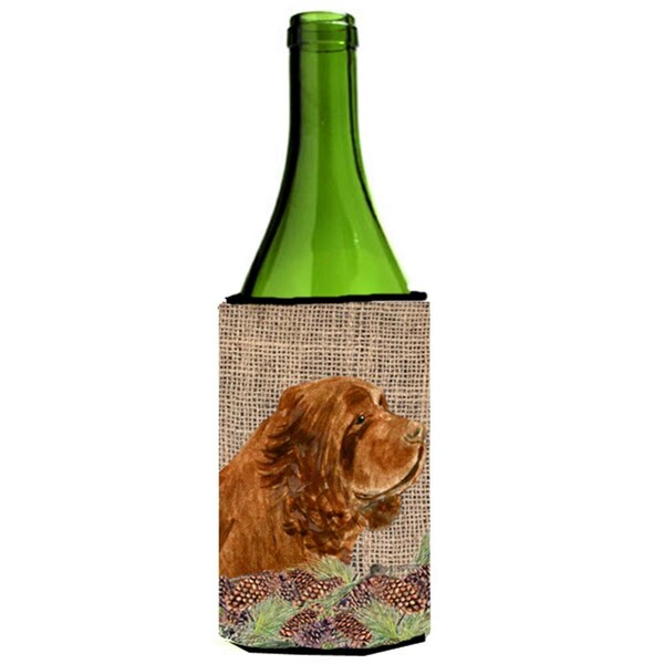Carolines Treasures Sussex Spaniel On Faux Burlap With Pine Cones Wine bottle sleeve Hugger - 24 oz. - SS4099LITERK