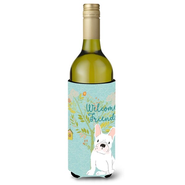 Carolines Treasures Welcome Friends White French Bulldog Wine Bottle Beverge Insulator Hugger - BB7635LITERK