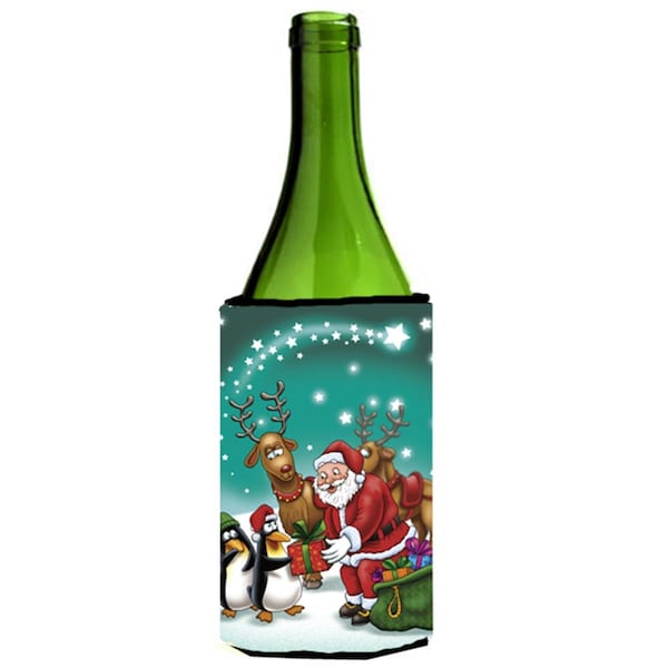 Carolines Treasures Santa Claus Christmas with the Penguins Wine Bottle Can cooler Hugger - APH3872LITERK