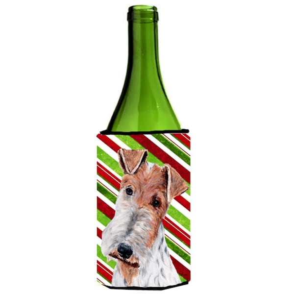 Carolines Treasures Wire Fox Terrier Candy Cane Christmas Wine bottle sleeve Hugger  24 Oz. - SC9796LITERK