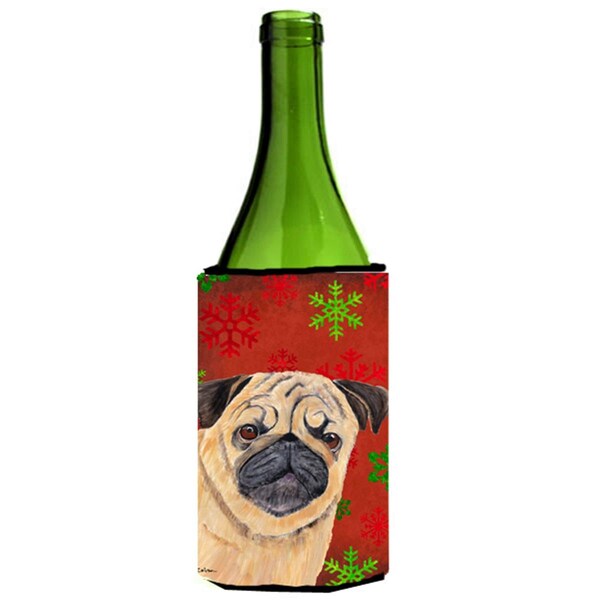 Carolines Treasures Pug Red and Green Snowflakes Holiday Christmas Wine Bottle   Hugger - SC9411LITERK