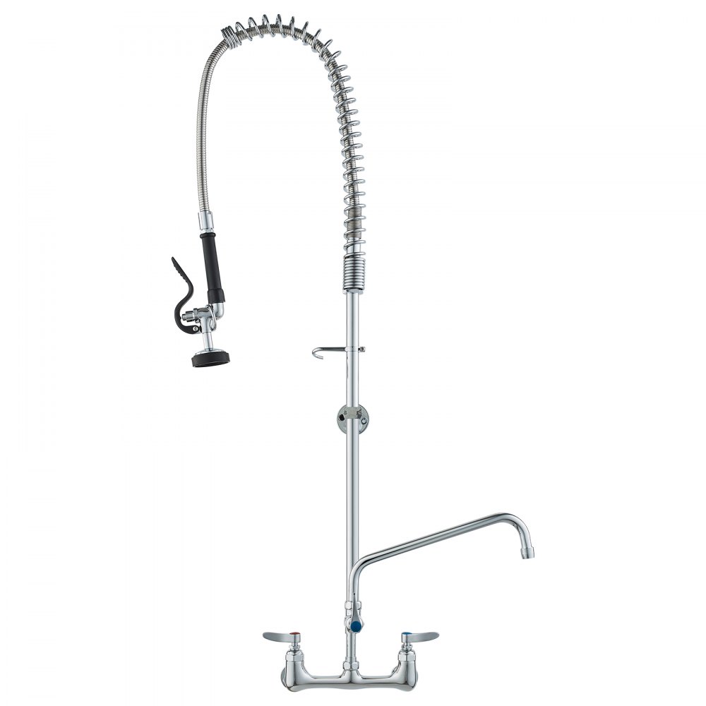 VEVOR Commercial Faucet with Pre-Rinse Sprayer, 47" Height, 8" Center, 12" Swing Spout, Wall Mount Kitchen Sink Faucet, Brass Constructed Device with Pull Down Spray, for 1/2/3 Compartment Sink - BGSYCXSLTBGS6DRW9V0