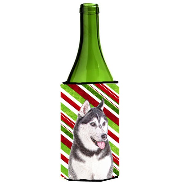 Carolines Treasures Candy Cane Holiday Christmas Alaskan Malamute Wine bottle sleeve Hugger - KJ1168LITERK