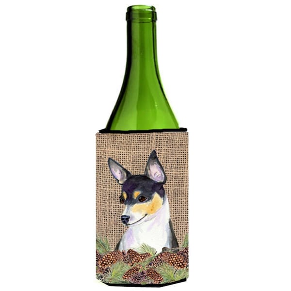 Carolines Treasures Fox Terrier On Faux Burlap With Pine Cones Wine bottle sleeve Hugger - SS4064LITERK