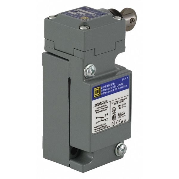 Interruptor de límite de servicio pesado Telemecanique Sensors, émbolo, rodillo, 2NC / 2NO, 10A @ 600V AC, ubicación del actuador: lateral - 9007C62F