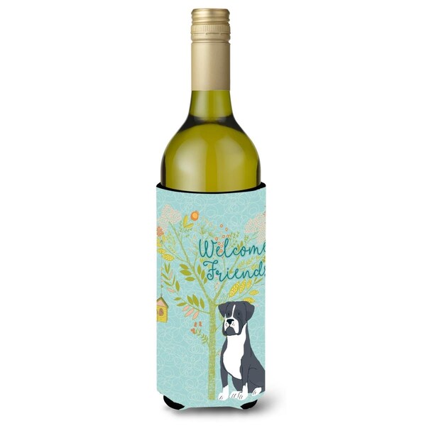 Carolines Treasures Welcome Friends Black Boxer Wine Bottle Beverge Insulator Hugger - BB7581LITERK