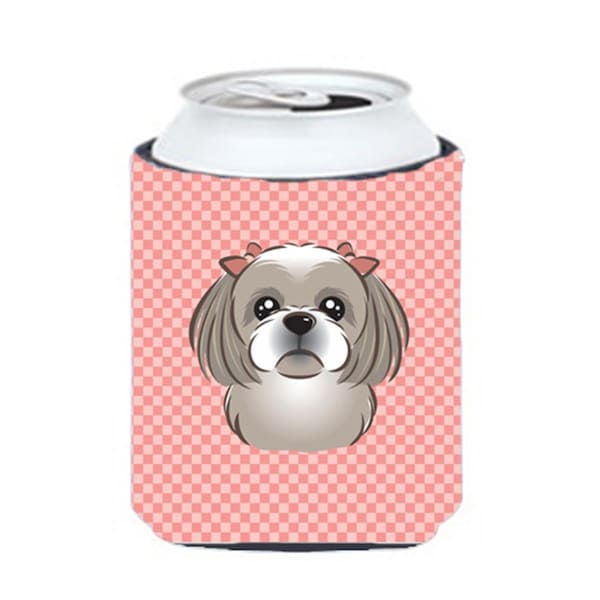 Carolines Treasures Checkerboard Pink Gray Silver Shih Tzu Can Or Bottle Hugger- 12 Oz. - BB1250CC