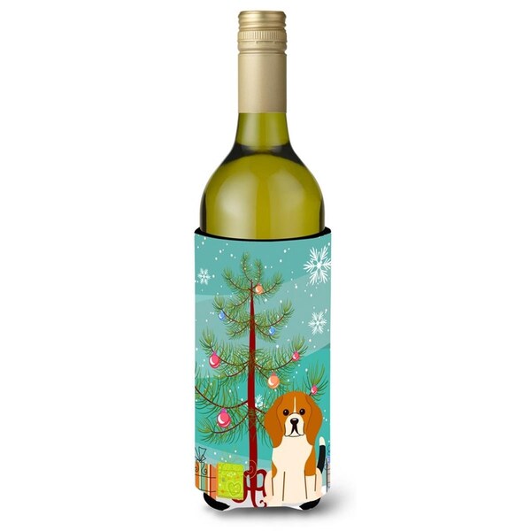 Carolines Treasures Merry Christmas Tree Beagle Tricolor Wine Bottle Beverge Insulator Hugger - BB4165LITERK