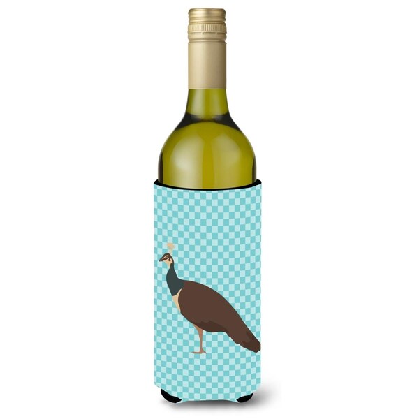 Carolines Treasures Indian Peahen Peafowl Blue Check Wine Bottle Beverge Insulator Hugger - BB8101LITERK