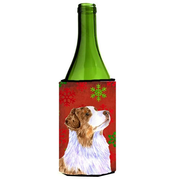Carolines Treasures Australian Shepherd Red Green Snowflakes Christmas Wine bottle sleeve Hugger - LH9318LITERK