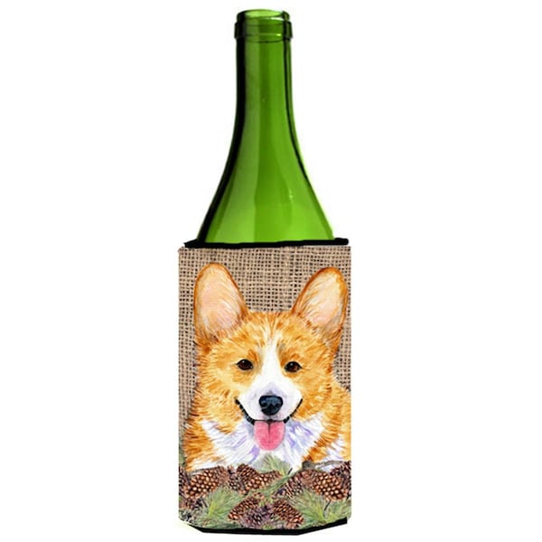 Carolines Treasures Corgi On Faux Burlap With Pine Cones Wine bottle sleeve Hugger - SS4077LITERK