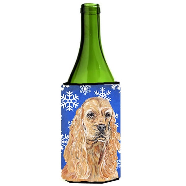Carolines Treasures Cocker Spaniel Blue Snowflake Winter Wine bottle sleeve Hugger - 24 oz. - SC9598LITERK