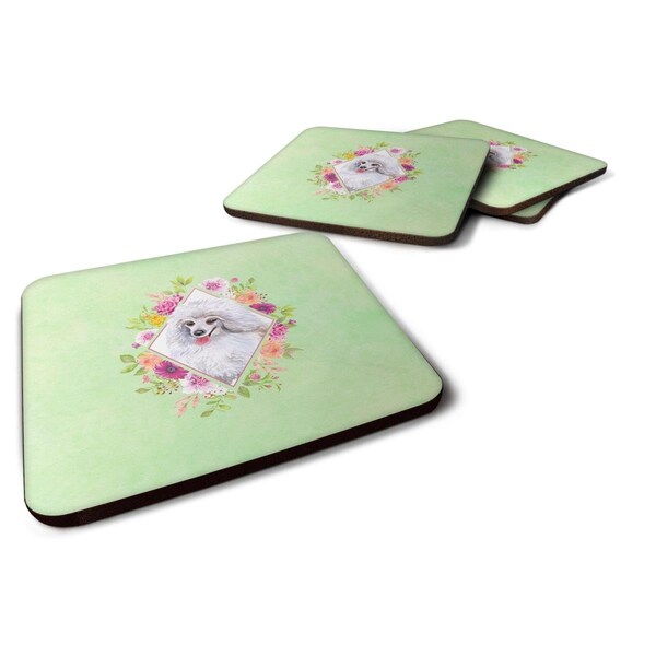 Carolines Treasures 3.5 x 3.5 in. White Mini Poodle Green Flowers Foam Coaster, 4PK - CK4332FC