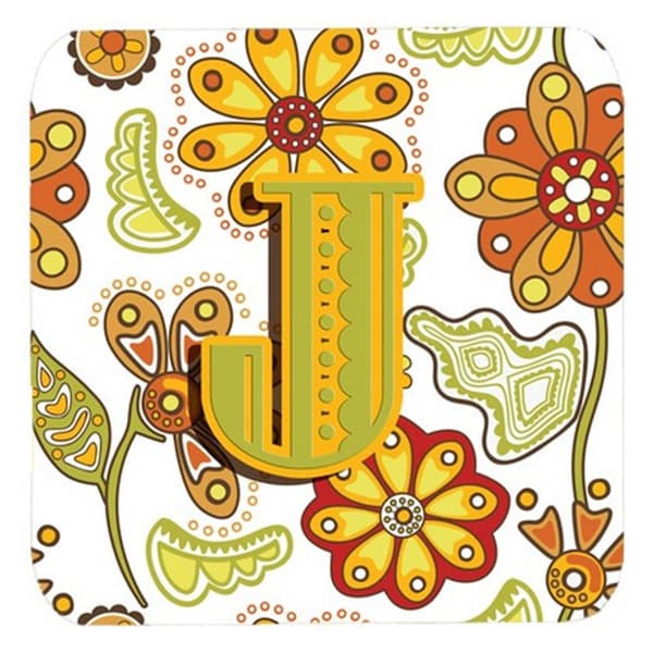 Carolines Treasures Letter J Floral Mustard And Green Foam Coasters- Set of 4 - CJ2003-JFC