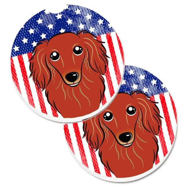 Carolines Treasures Carolines Treasures BB2144CARC American Flag & Longhair Red Dachshund Set of 2 Cup Holder Car Coaster - BB2144CARC