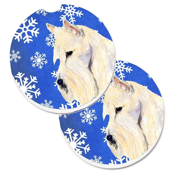 Carolines Treasures Scottish Terrier Winter Snowflakes Holiday Cup Holder Car Coaster, 2PK - SS4668CARC
