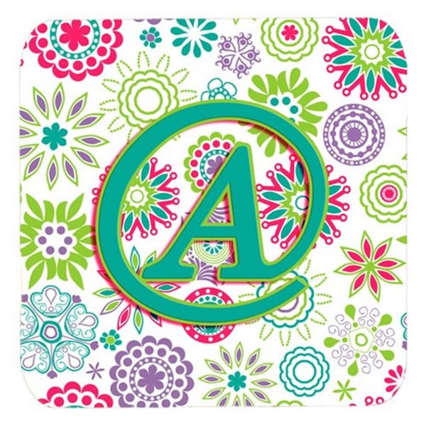 Carolines Treasures Letter A Flowers Pink Teal Green Initial Foam Coasters- Set of 4 - CJ2011-AFC