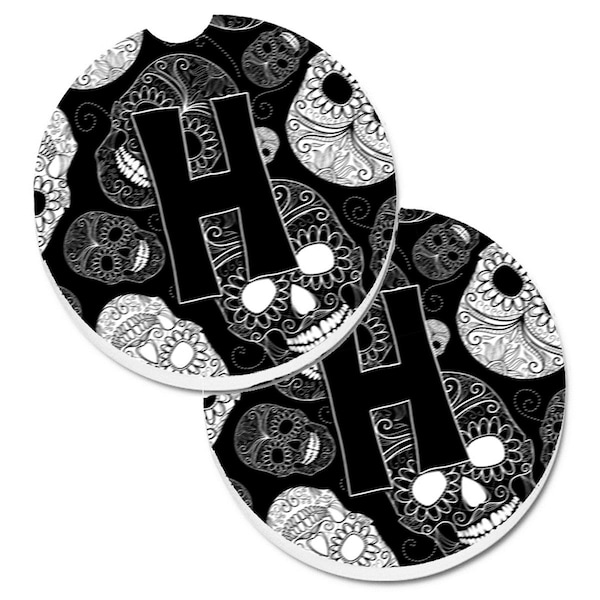 Carolines Treasures Letter H Day of the Dead Skulls Black Cup Holder Car Coaster, 2PK - CJ2008-HCARC