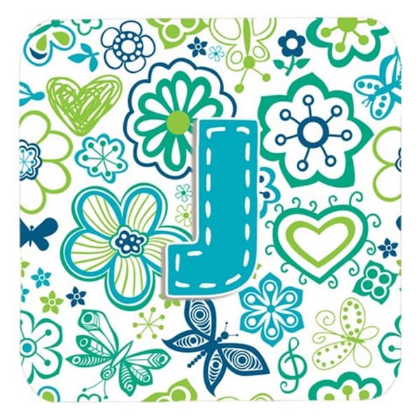 Carolines Treasures Letter J Flowers And Butterflies Teal Blue Foam Coasters- Set of 4 - CJ2006-JFC