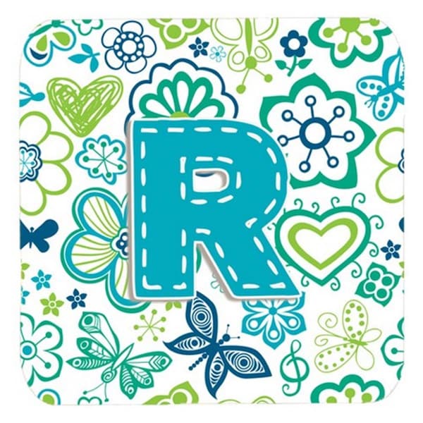 Carolines Treasures Letter R Flowers And Butterflies Teal Blue Foam Coasters- Set of 4 - CJ2006-RFC