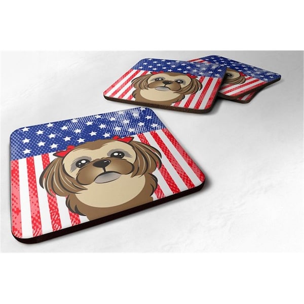 Carolines Treasures American Flag and Chocolate Brown Shih Tzu Foam Coaster, Set of 4 - BB2179FC