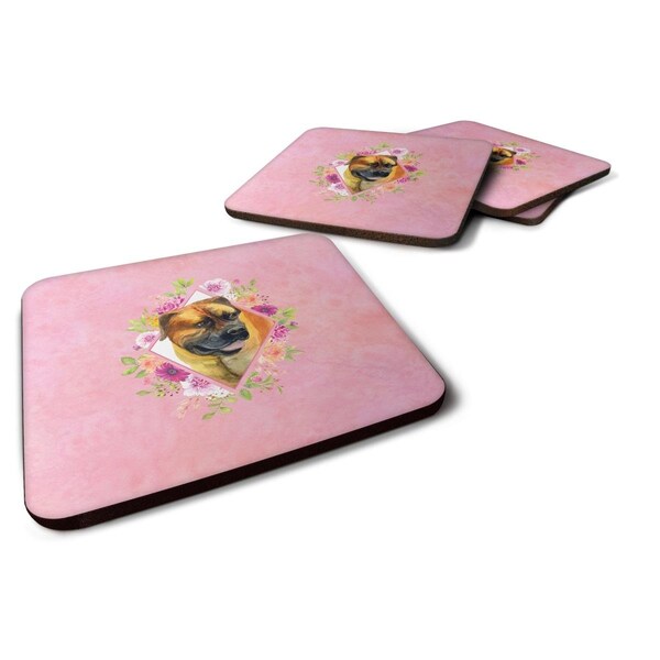 Carolines Treasures 3.5 x 3.5 in. Borboel Mastiff Pink Flowers Foam Coaster, 4PK - CK4121FC