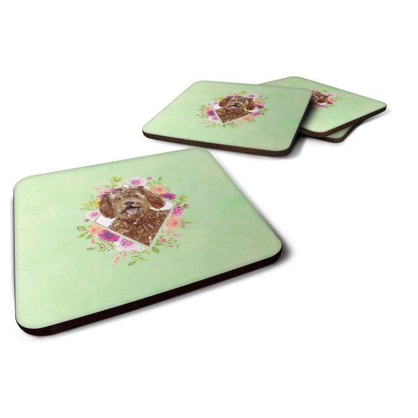 Carolines Treasures 3.5 x 3.5 in. Labradoodle Green Flowers Foam Coaster, 4PK - CK4388FC