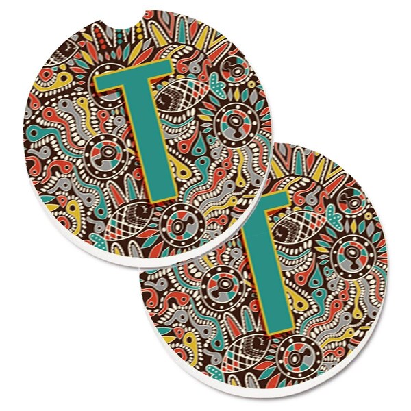 Carolines Treasures Letter T Retro Tribal Alphabet Initial Cup Holder Car Coaster, 2PK - CJ2013-TCARC
