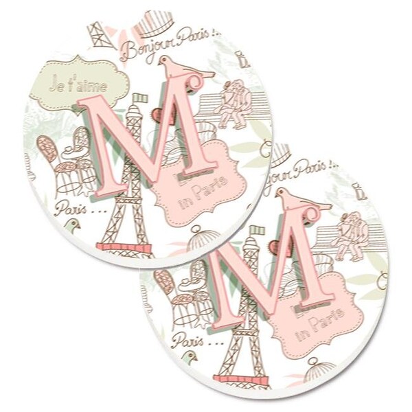 Carolines Treasures Carolines Treasures CJ2002-MCARC Letter M Love in Paris Pink Set of 2 Cup Holder Car Coaster - CJ2002-MCARC