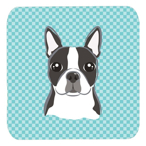 Carolines Treasures 3.5 x 3.5 In. Checkerboard Blue Boston Terrier Foam Coasters- Set of 4 - BB1141FC