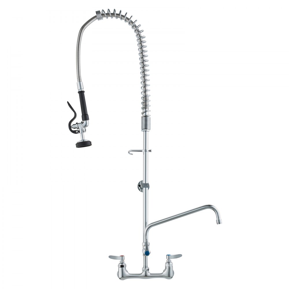 VEVOR Commercial Faucet with Pre-Rinse Sprayer, 44" Height, 8" Center, 12" Swing Spout, Wall Mount Kitchen Sink Faucet, Brass Constructed Device with Pull Down Spray, for 1/2/3 Compartment Sink - BGSYCXSLTBGS863RLV0